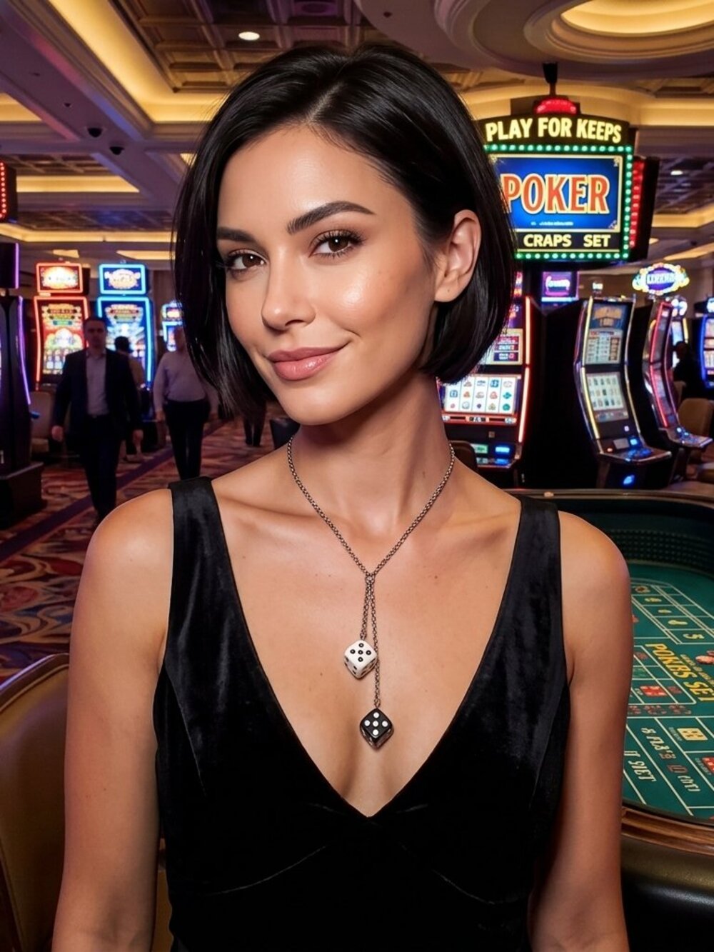 Bijou silver-toned chain that splits to suspend two dice pendants black & white